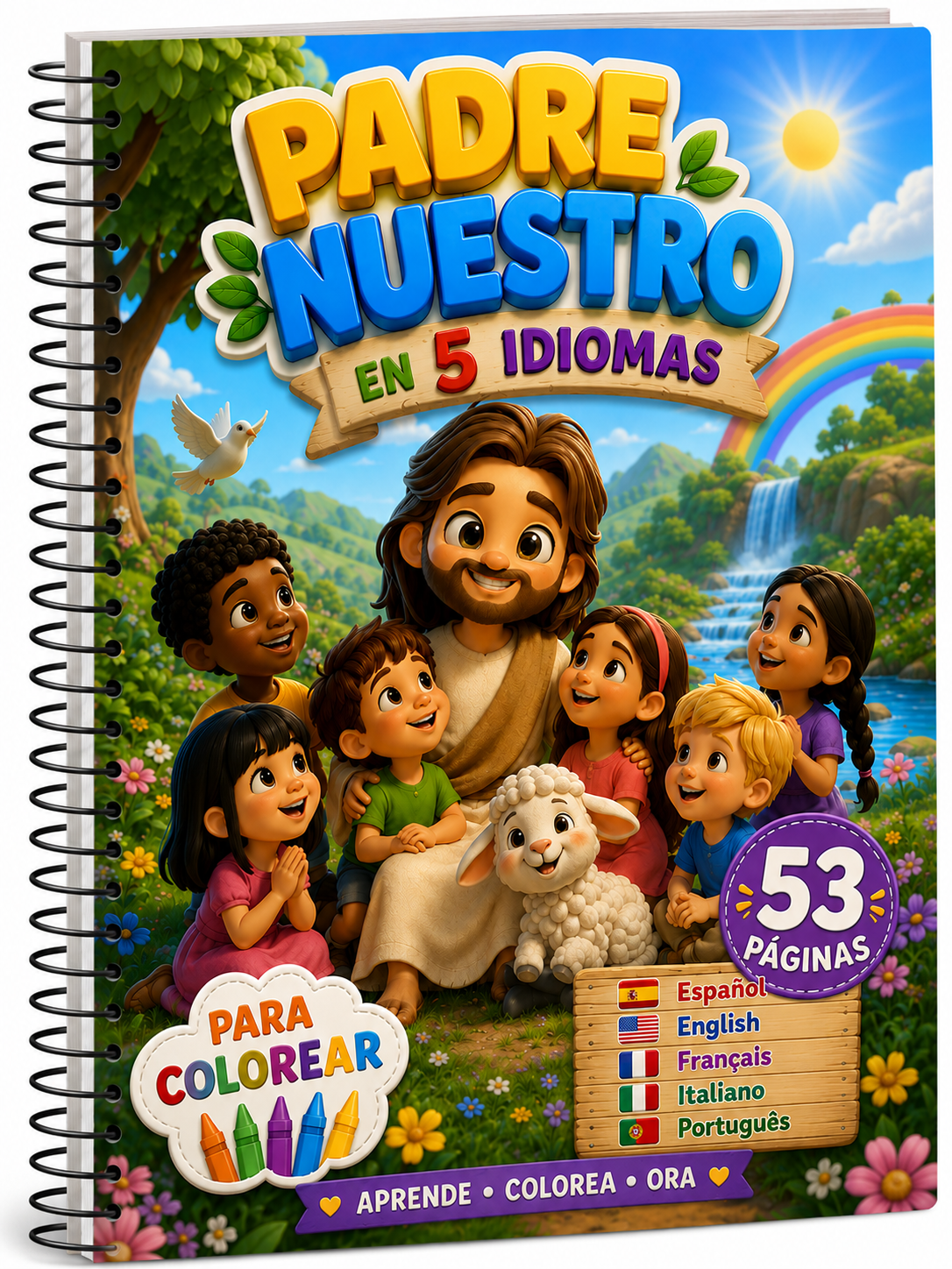 Oración del Padre Nuestro en 5 Idiomas – Libro para Colorear Digital de 53 Páginas -